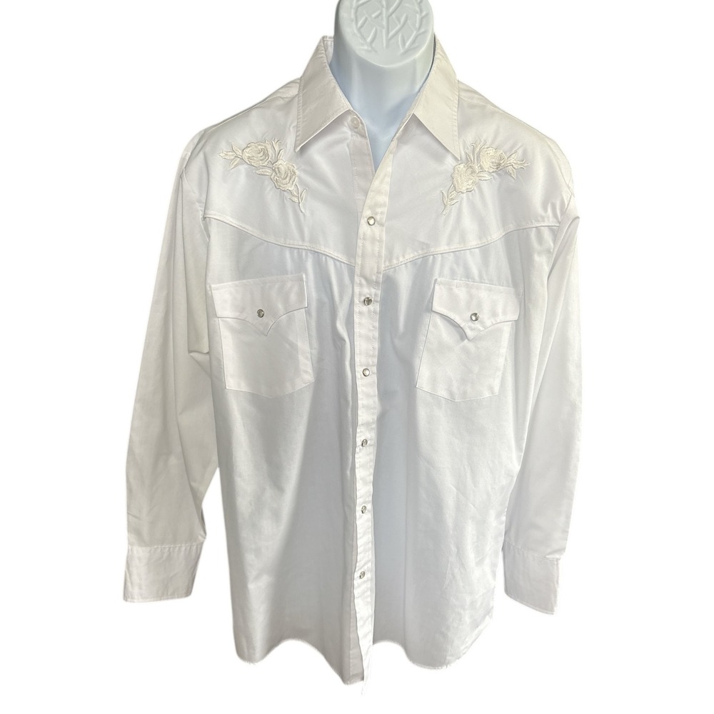 Ely Cattleman Long Sleeve White Western Pearl Snap Shirt W/Rose Embroidery,Large - Picture 4 of 9
